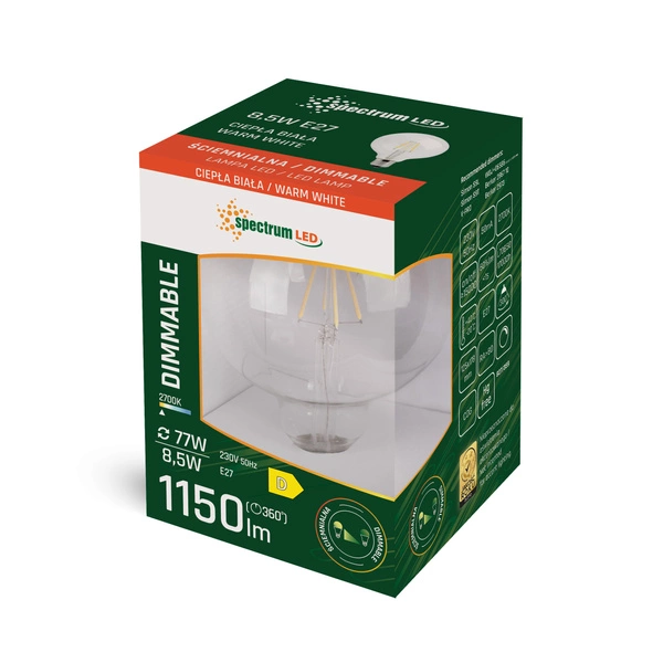 Ściemniana żarówka LED globe G125 E27 230V 8.5W CLEAR DIMM ciepła 3000K