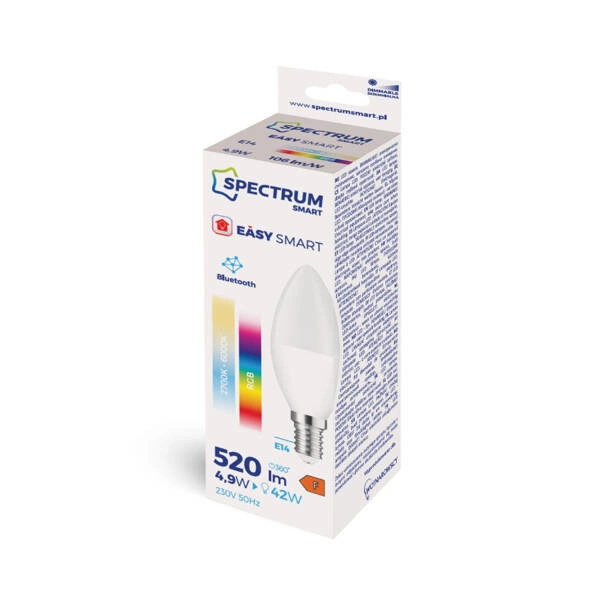 Żarówka LED ŚWIECOWA sterowana Bluetooth RGBW + CCT barwa 2700 - 6000K 4,9W E14 SMART Simply multikolor